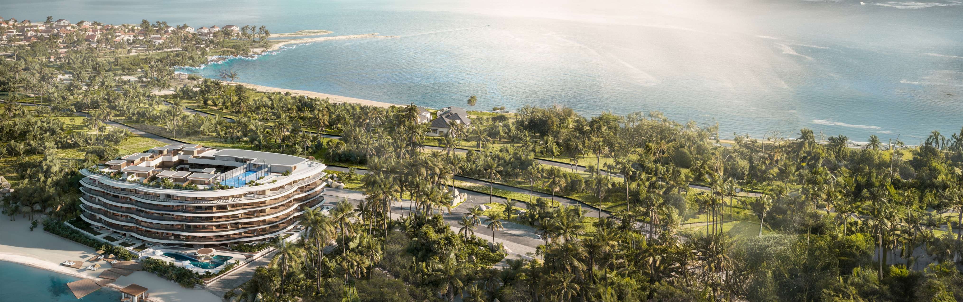 Aerial rendering of Puerto Marina, small against a sweep of beach, turquoise shallows and open sea on the Cap Cana coast, 660 ft from the sea.