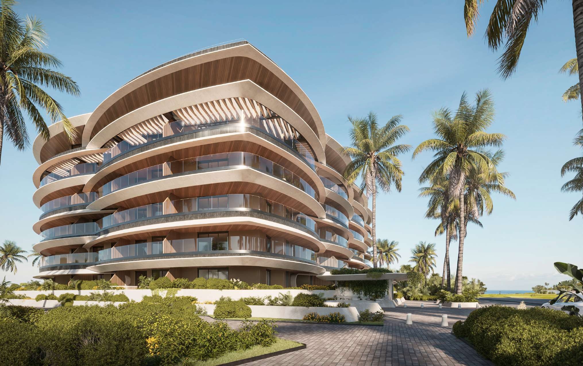 Daylight rendering of the arrival elevation at Puerto Marina, Marina Cap Cana — the single building that will hold 97 residences, due for delivery in 2029.
