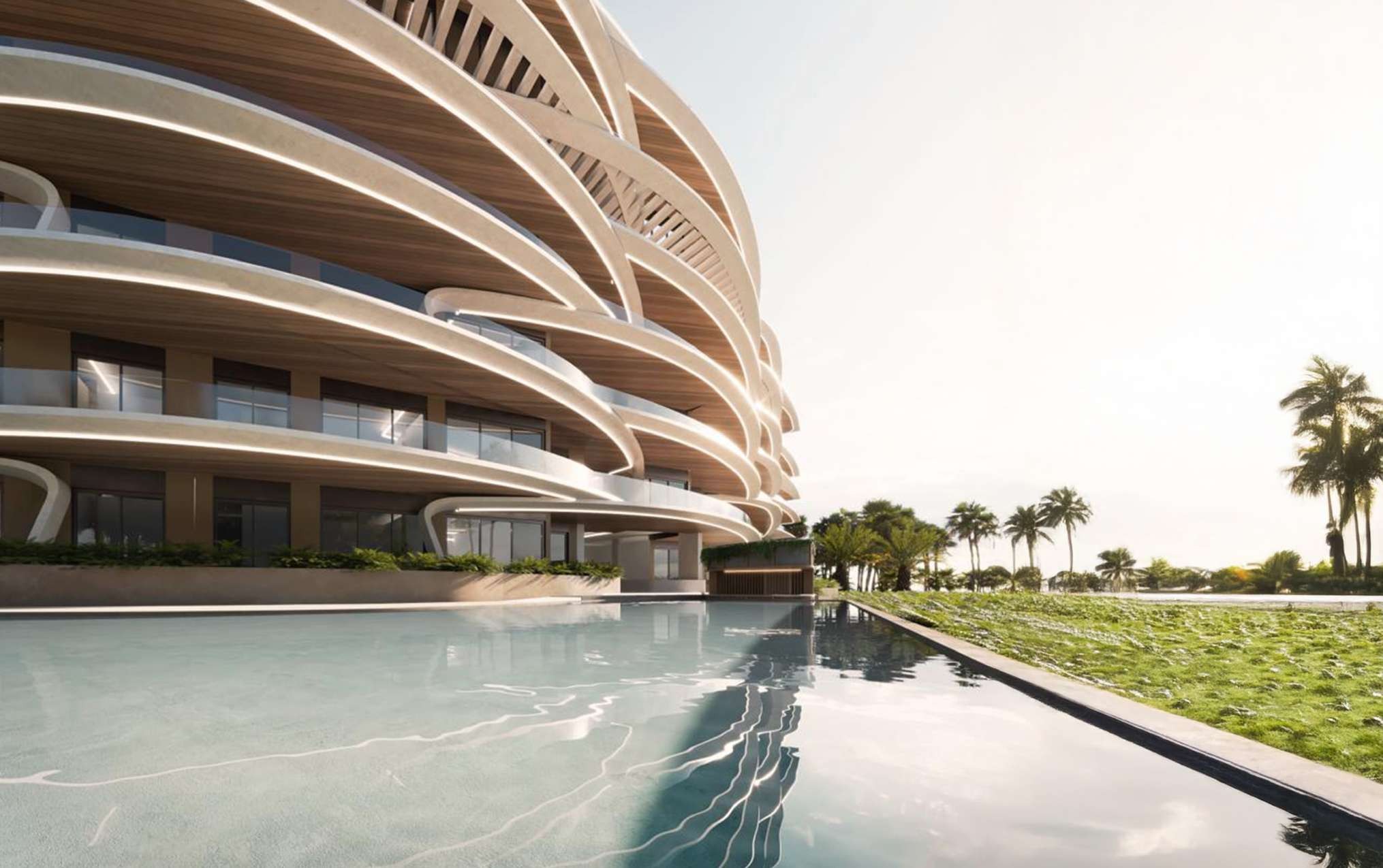 Rendering of Puerto Marina's long pool beneath its curved balconies in Cap Cana, about 52 miles by road east of the centre of La Romana.
