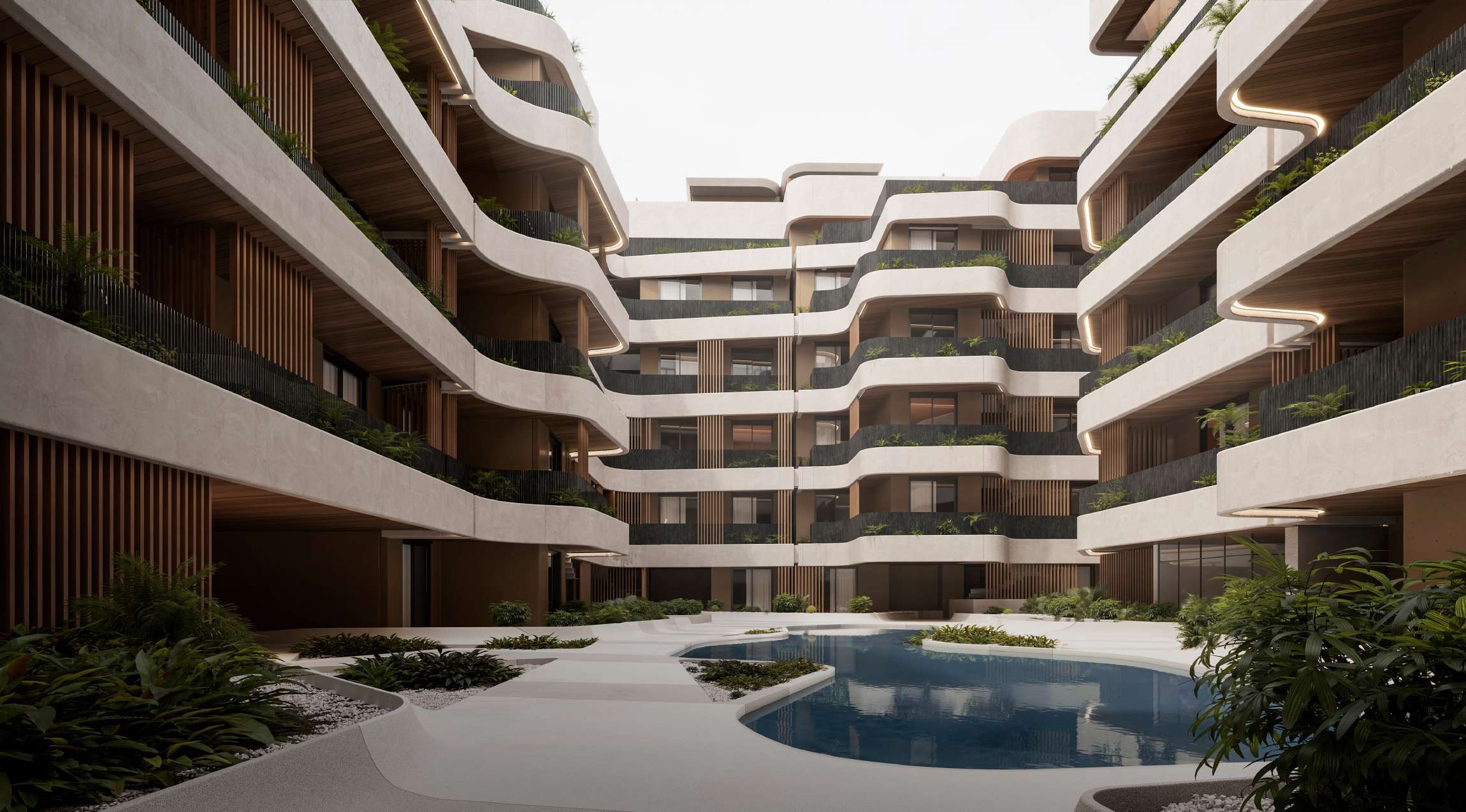 Rendering of the central courtyard and pool at Puerto Marina, one of the shared parts the 97 owners will hold in common.