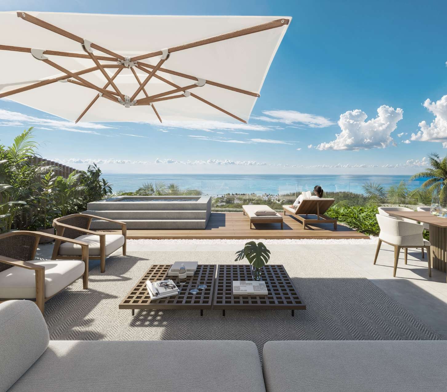Rendering of a private residence terrace with a plunge pool and an ocean view at Puerto Marina in Cap Cana, where 97 residences are planned.