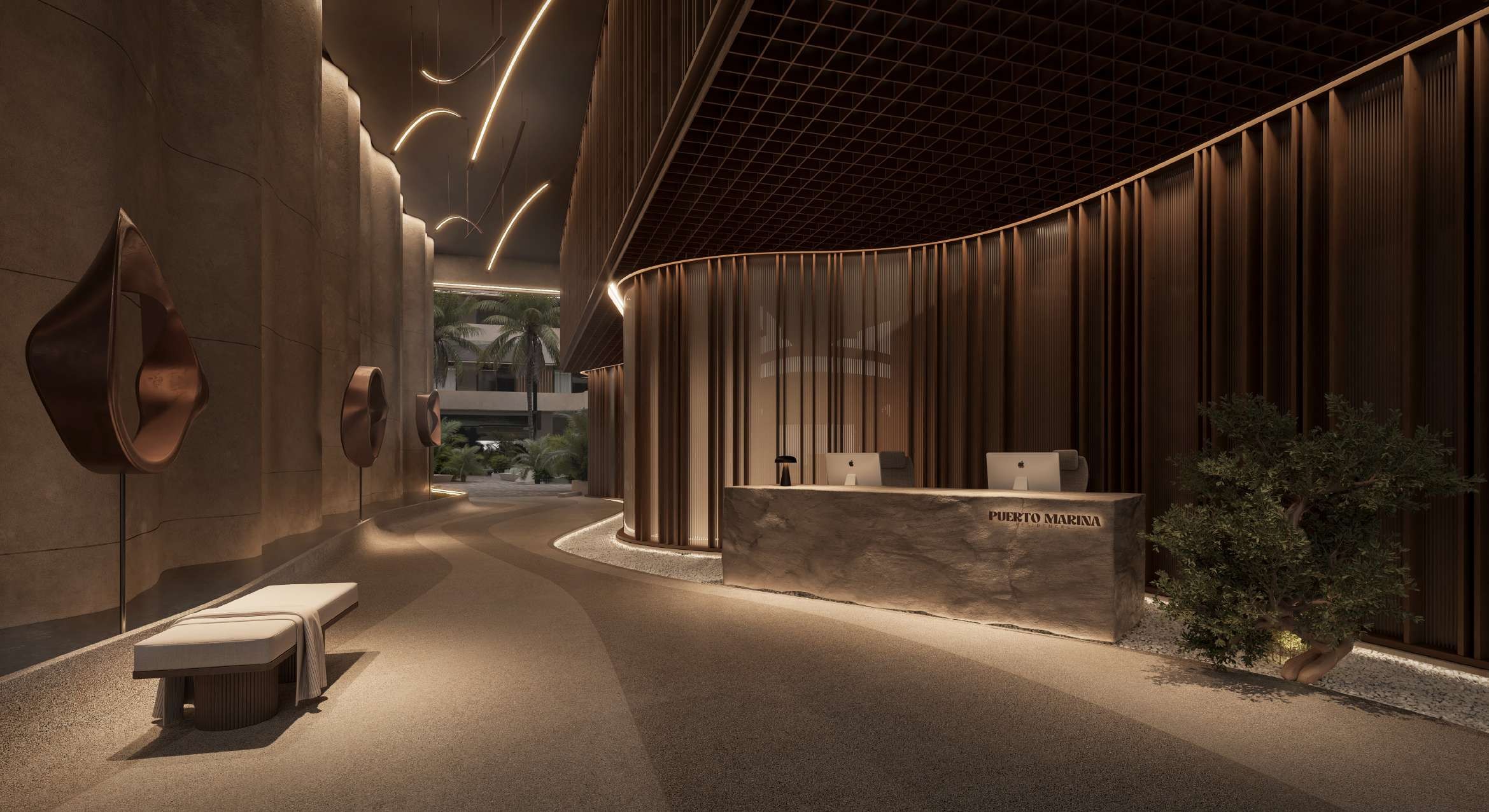 Rendering of the arrival lobby at Puerto Marina at night, the first stop for a guest after the 20-minute drive from Punta Cana International Airport.